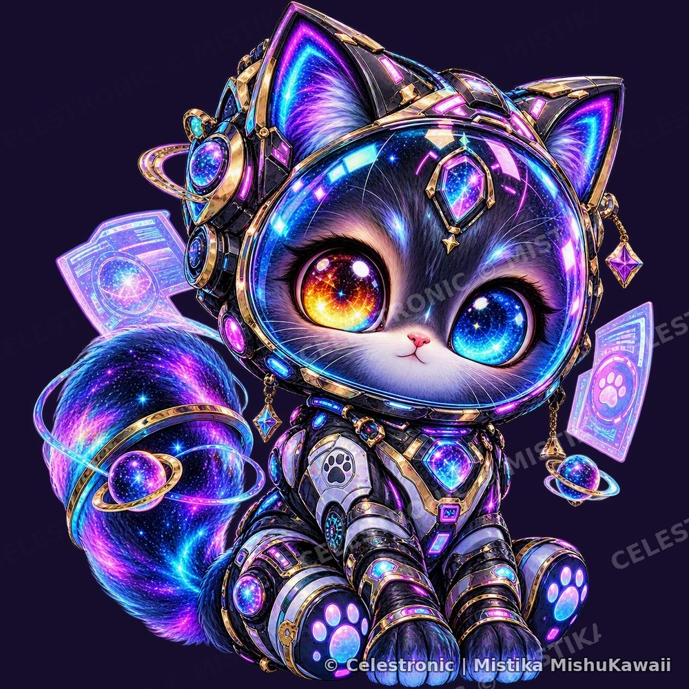 Cosmic Cat, a galaxy kitten in golden constellation armour